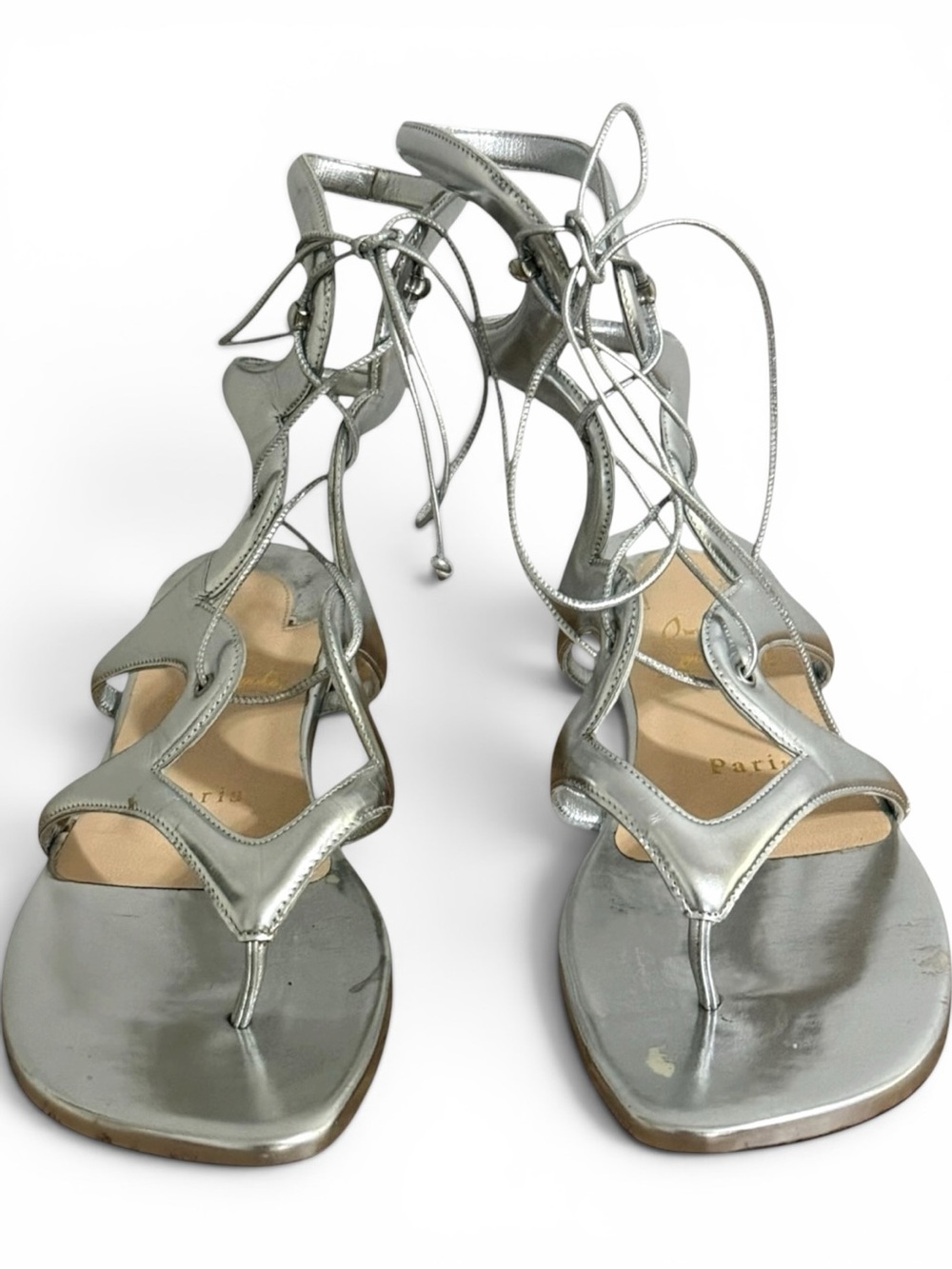 Christian Louboutin Silver Metallic Lace-Up Flat Sandals – Size 37 - Picture 4 of 11